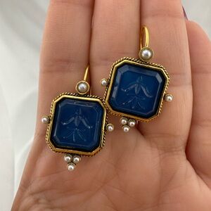 Vintage blue Gem Drop Earrings – Gold Pearl Accent Dangles